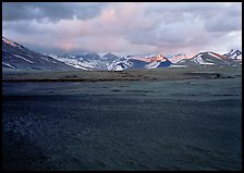 Ash plain, and mountains at sunset, Valley of Ten Thousand smokes. Katmai National Park, Alaska, USA. (color)