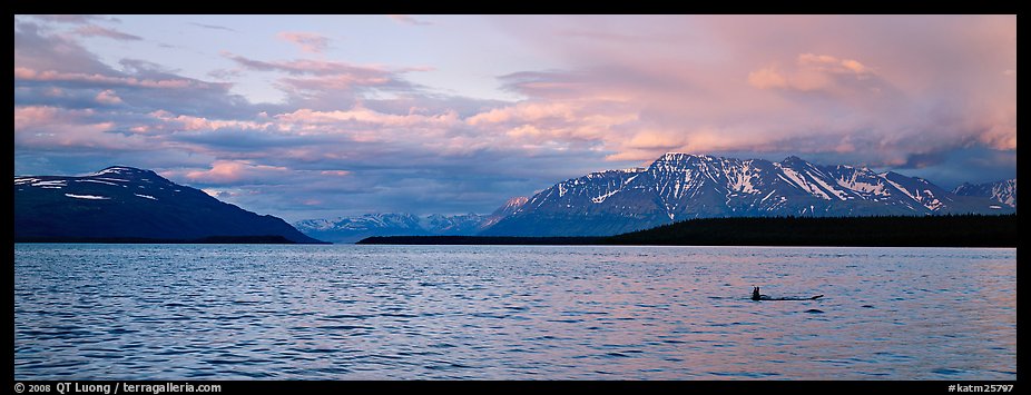 Lake and Mountains with pink clouds at sunset. Katmai National Park, Alaska, USA.