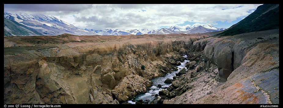 Volcanic landscape with river cutting into ash valley. Katmai National Park (color)