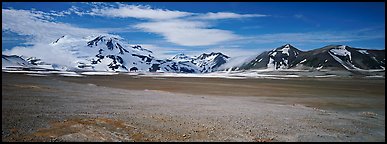 Snow-covered mountains contrasting with arid valley floor. Katmai National Park (Panoramic color)