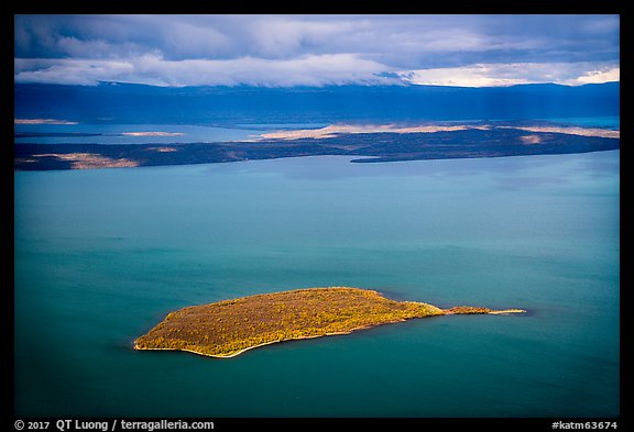Aerial View of island in autumn foliage contrasting with blue waters, Naknek Lake. Katmai National Park, Alaska, USA.