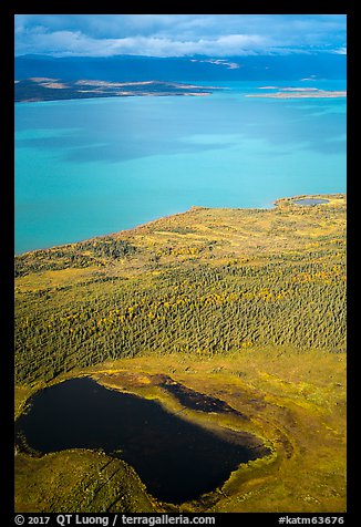 Aerial View of pond, tundra and Naknek Lake in autumn. Katmai National Park, Alaska, USA.
