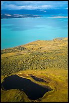 Aerial View of pond, tundra and Naknek Lake in autumn. Katmai National Park, Alaska, USA.