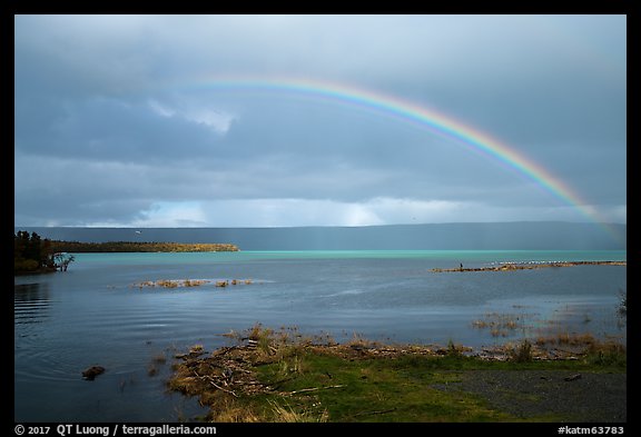 Naknek Lake and rainbow near Brooks River. Katmai National Park, Alaska, USA.