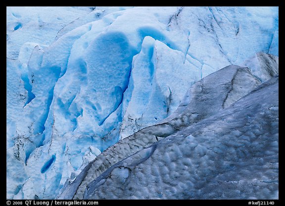 Grey and blue ice detail at the terminus of Exit Glacier. Kenai Fjords National Park, Alaska, USA.