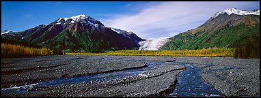 Streams on gravel bar with glacier in the distance. Kenai Fjords National Park (Panoramic color)