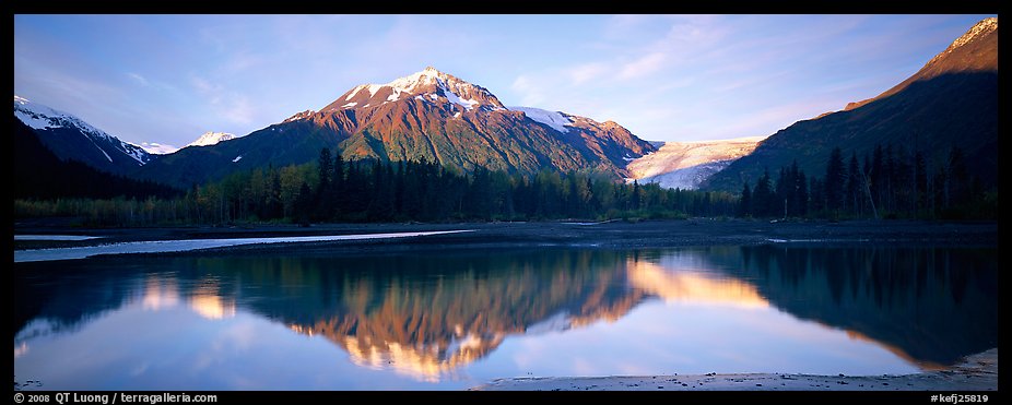 Mountains and glacier reflected in Resurrection River. Kenai Fjords National Park (color)