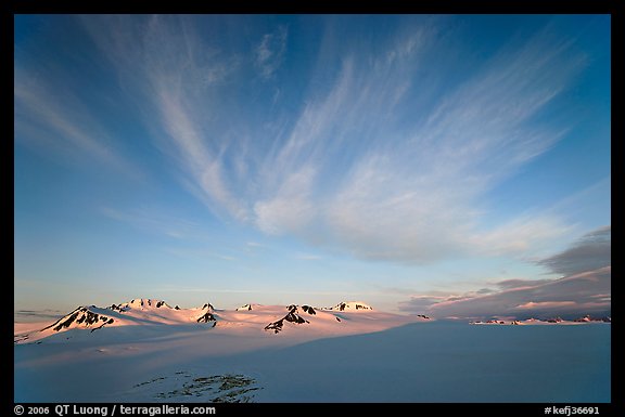 Harding Ice field and clouds, sunrise. Kenai Fjords National Park, Alaska, USA.