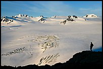 Harding icefield with man standing in the distance. Kenai Fjords National Park, Alaska, USA.