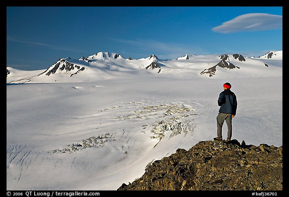 Man looking at the Harding ice field, early morning. Kenai Fjords National Park, Alaska, USA.