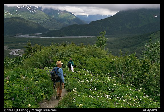 Hikers on Harding Icefield trail. Kenai Fjords National Park (color)