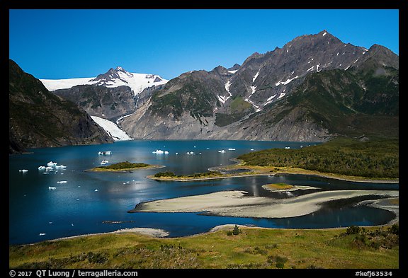 Aerial View of Pedersen Lagoon and Glacier. Kenai Fjords National Park, Alaska, USA.
