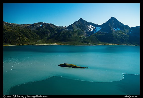 Aerial View of Aialik Bay with silky water from Aialik Glacier. Kenai Fjords National Park, Alaska, USA.