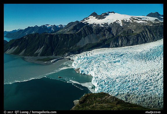 Aerial View of Aialik Glacier and mountains. Kenai Fjords National Park, Alaska, USA.
