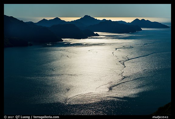 Aerial View of backlit Aialik Bay. Kenai Fjords National Park, Alaska, USA.