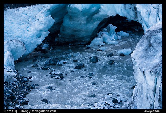 Glacial stream flowing out of ice tunnel, Exit Glacier. Kenai Fjords National Park, Alaska, USA.