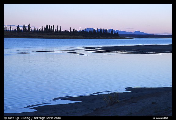 Sand bar shore, river and Baird mountains, evening. Kobuk Valley National Park