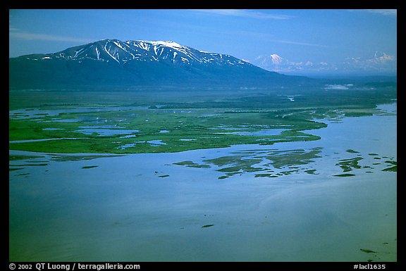 Aerial view of estuary and snowy peak. Lake Clark National Park, Alaska, USA.