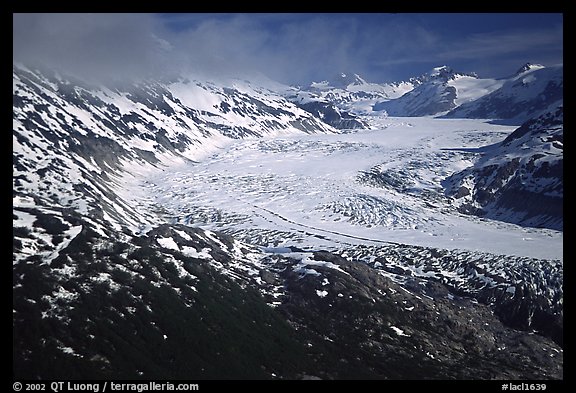 Aerial view of wide glacier near Lake Clark Pass. Lake Clark National Park, Alaska, USA.