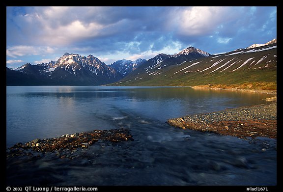 Stream flowing into Turquoise Lake, sunset. Lake Clark National Park (color)