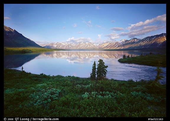 Twin Lakes with mountain reflections and green tundra, evening. Lake Clark National Park (color)