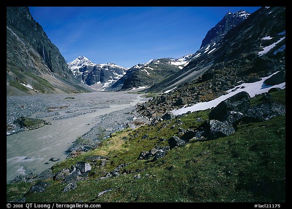 Stream and distant waterfall in valley below Telaquana Mountains. Lake Clark National Park (color)