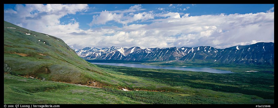 Verdant tundra landscape in the summer with lake and mountains. Lake Clark National Park (color)