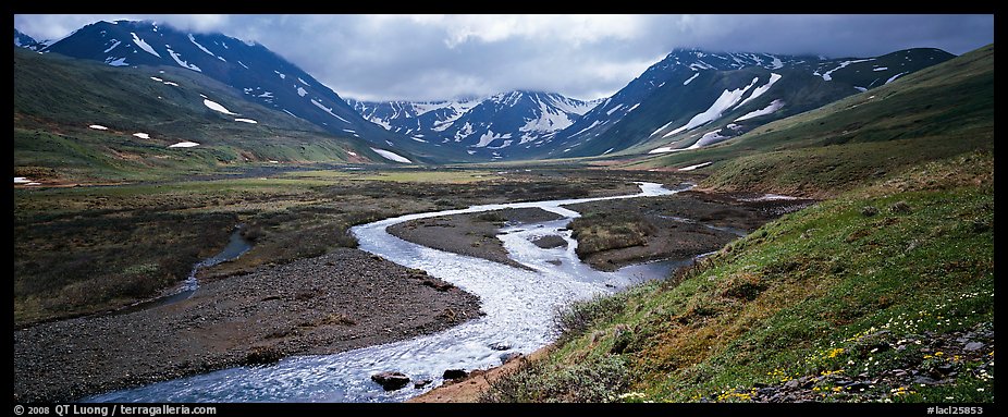 Mountain scenery with stream and tundra in summer. Lake Clark National Park (color)