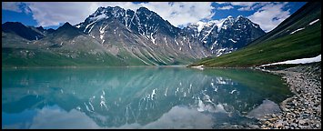 Tall mountains reflected in Turquoise Lake. Lake Clark National Park (Panoramic color)