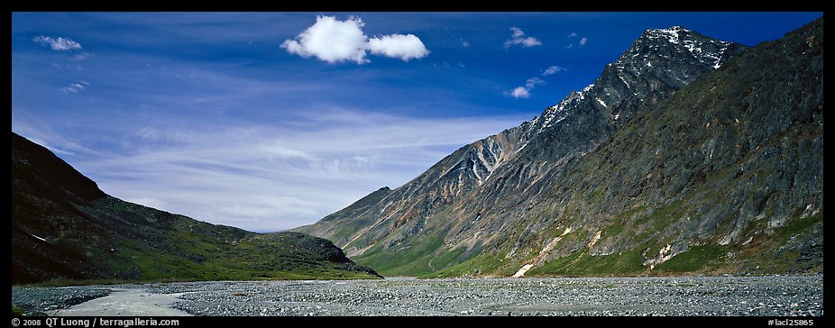 Peaks rising above gravel bar. Lake Clark National Park, Alaska, USA.