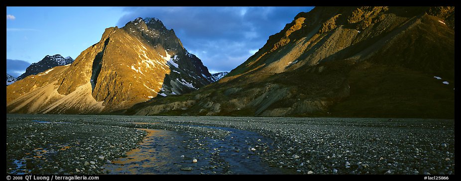 Stream, gravel bar, and mountains at sunset. Lake Clark National Park (color)