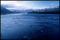 River flowing out of Twin Lakes at sunrise. Lake Clark National Park, Alaska, USA.