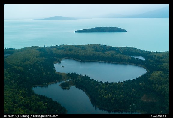 Aerial view of Lake Clark south shore, rain. Lake Clark National Park, Alaska, USA.