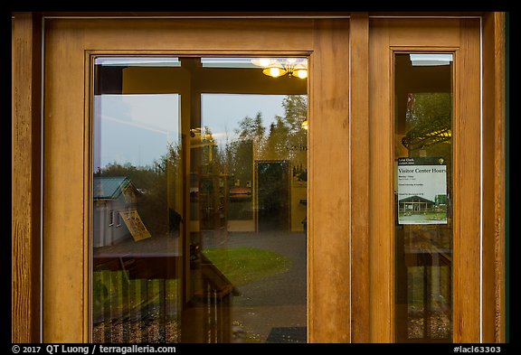Visitor Center window reflexion. Lake Clark National Park, Alaska, USA.