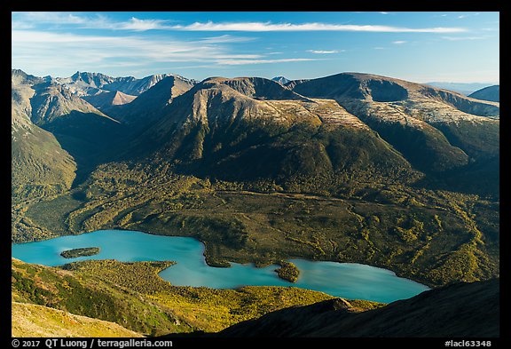Turquoise Kontrashibuna Lake from Tanalian Mountain. Lake Clark National Park, Alaska, USA.