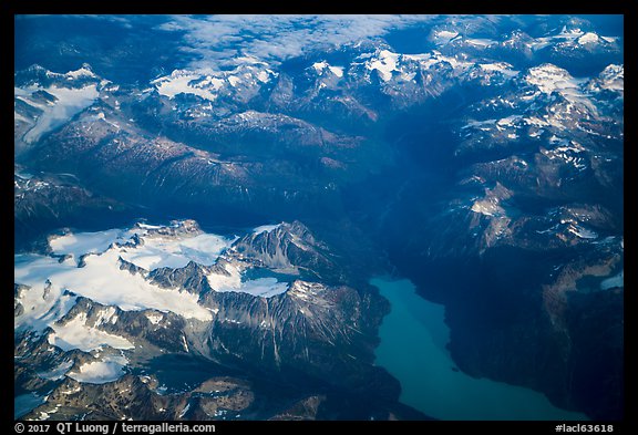 Aerial view of Tuxedni Bay and Chigmit Mountains. Lake Clark National Park, Alaska, USA.