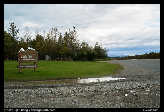 Airport runway and national park sign. Lake Clark National Park, Alaska, USA.