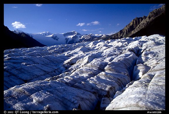 Crevasses on Root glacier, Wrangell mountains in the background, late afternoon. Wrangell-St Elias National Park (color)