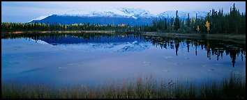 Pond and reflected mountains at dusk. Wrangell-St Elias National Park, Alaska, USA.