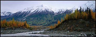 Autumn mountain landscape with snowy peaks above river and trees. Wrangell-St Elias National Park, Alaska, USA.