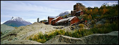 Abandonned mill buildings and moraine, Kennicott. Wrangell-St Elias National Park, Alaska, USA.