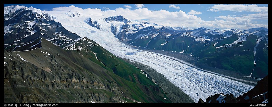Elevated view of glacier descending from mountain. Wrangell-St Elias National Park, Alaska, USA.