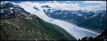 Elevated view of glacier descending from mountain. Wrangell-St Elias National Park (Panoramic color)