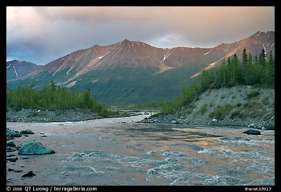 Kennicott River and Bonanza ridge at sunset. Wrangell-St Elias National Park, Alaska, USA.