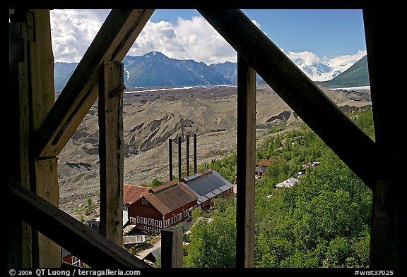 Kennecott power plant and Root Glacier seen from the Mill. Wrangell-St Elias National Park, Alaska, USA.