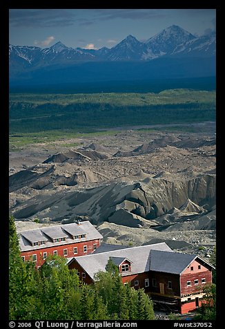 Kennecott mill town buildings and moraines of Root Glacier. Wrangell-St Elias National Park (color)
