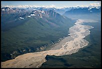 Aerial view of valley with wide braided river. Wrangell-St Elias National Park, Alaska, USA.