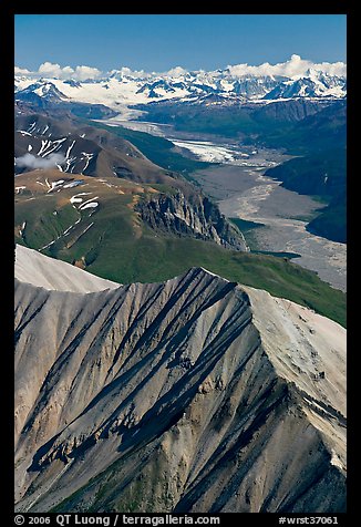Aerial view of Nizina River and Glacier. Wrangell-St Elias National Park, Alaska, USA.