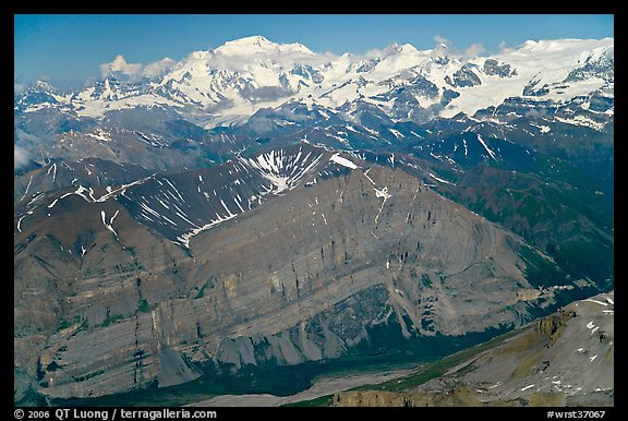 Aerial view of Mile High Cliffs and Mt Blackburn. Wrangell-St Elias National Park (color)