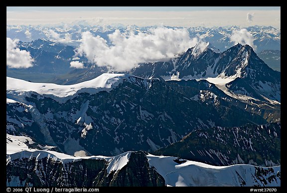 Aerial view of rugged dark peaks, Saint Elias Mountains. Wrangell-St Elias National Park, Alaska, USA.